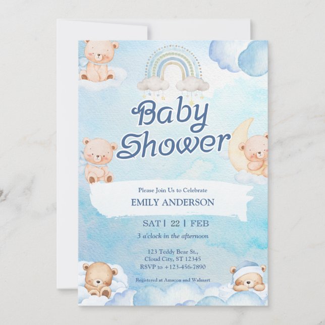Invitation Cute Teddy Bear Twinkle Little Star Cloud (Devant)