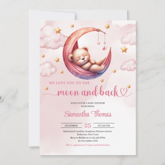 Invitation Cute Teddy ours lune et dos fille baby shower (Devant)