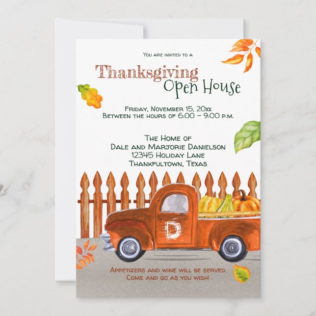 Invitation Cute Thanksgiving Orange Truck Citrouilles Open Ho (Devant)