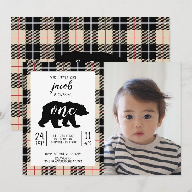Invitation Cute Thomson Camel Plaid Baby Photo 1er anniversai (Devant / Derrière)