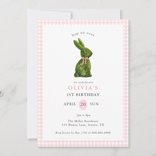 Invitation Cute Topiary Bunny Pink Gingham Girl Birthday  (Devant)