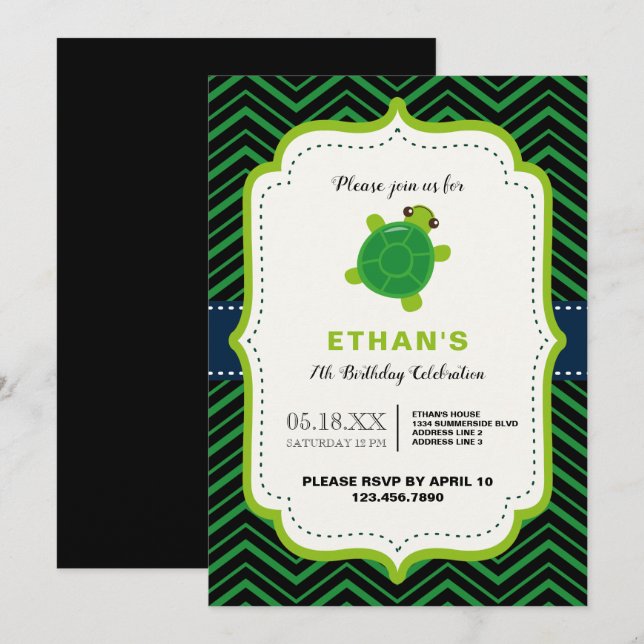 Invitation CUTE tortue vert noir kawaii enfants garçons anniv (Devant / Derrière)