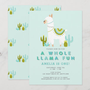 Invitation Cute Tout Llama Amusant Aqua Première fête d'anniv