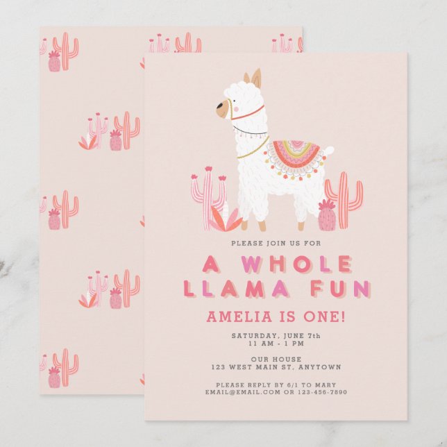 Invitation Cute Tout Llama Fun Rose Premier Anniversaire (Devant / Derrière)