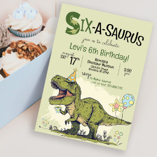 Invitation Cute TRex Dinosaur Six-A-Saurus 6e fête d'annivers