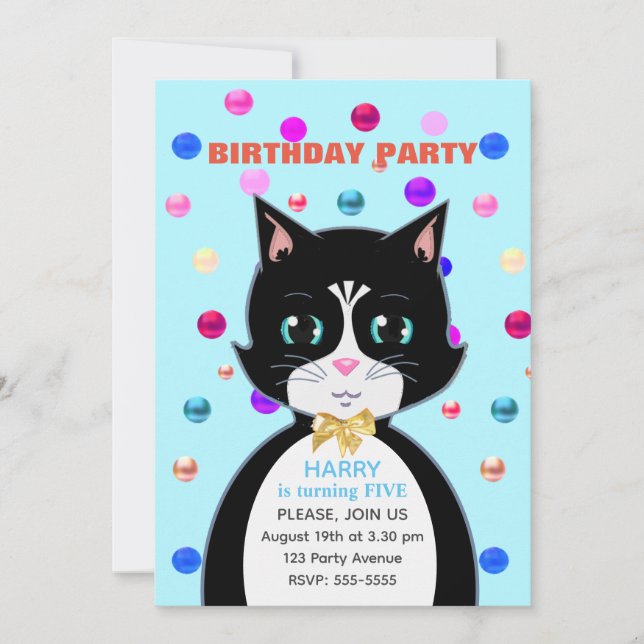 Invitation Cute Tuxedo Anniversaire Chat & Multicolor Confett (Devant)