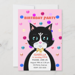 Invitation Cute Tuxedo Anniversaire Chat sur Rose clair