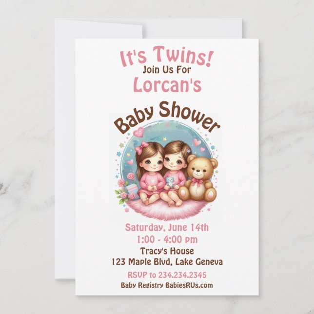 Invitation Cute Twin Baby shower fille de l'aquarelle Teddy O (Devant)