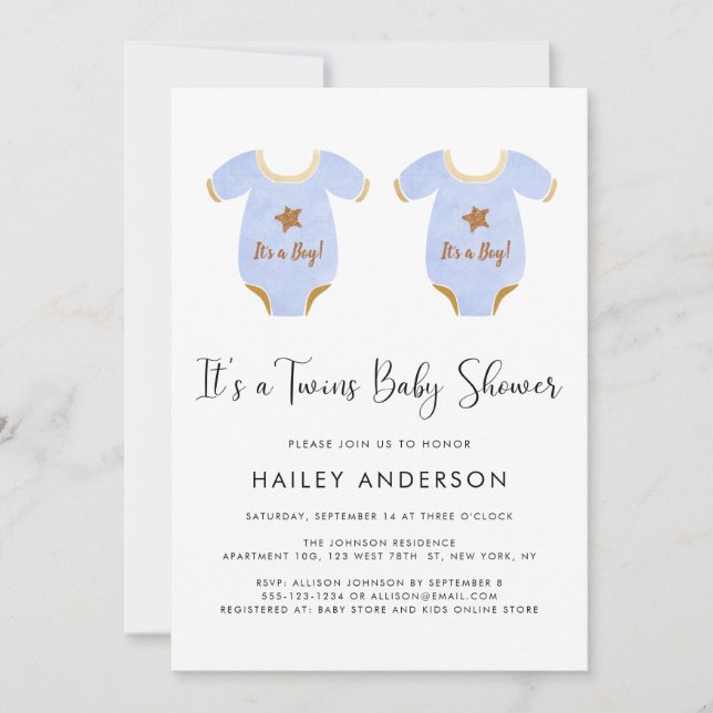 Invitation Cute Twin Boys Baby shower aquarelle (Devant)