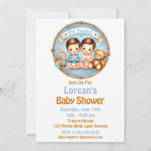 Invitation Cute Twin Boys Baby shower Aquarelle Teddy Bear