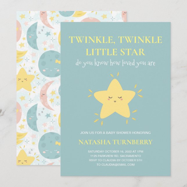 Invitation Cute Twinkle Little Star Baby shower bleu jaune (Devant / Derrière)