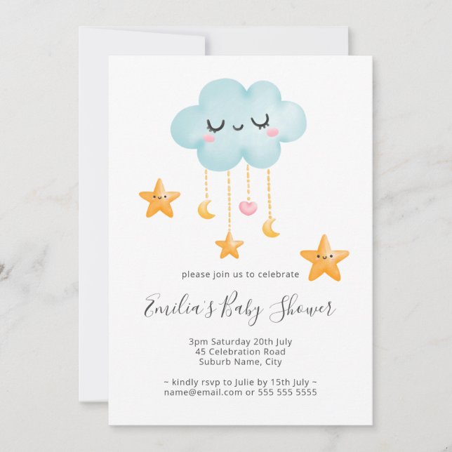 Invitation Cute Twinkle Twinkle Cloud Stars Baby shower (Devant)