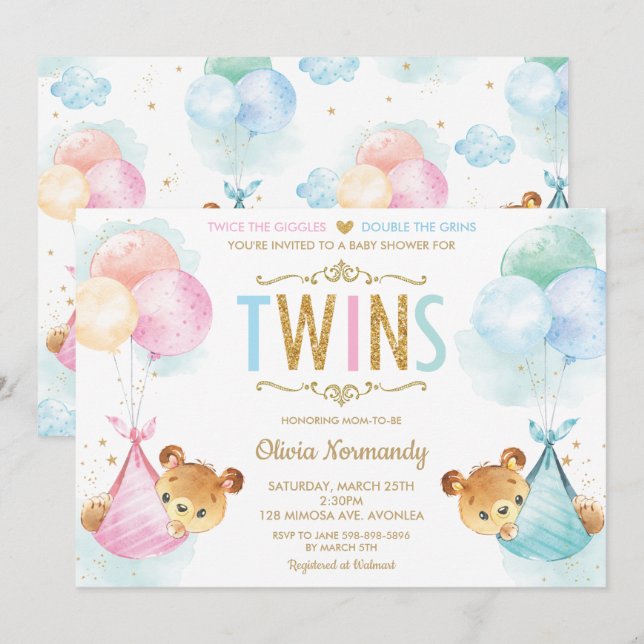 Invitation Cute Twins Baby Girl Boy Baby shower Nounours (Devant / Derrière)