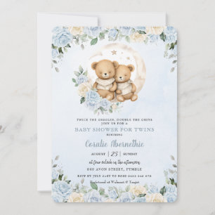 Invitation Cute Twins Bears Blue Floral Twin Boys Baby shower