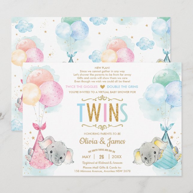 Invitation Cute Twins Boy Girl Elephant Baby shower par mail (Devant / Derrière)