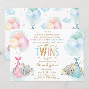 Invitation Cute Twins Boy Girl Elephant Baby shower par mail