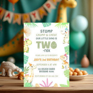 Invitation Cute Two Rex Dinosaur 2e fête d'anniversaire pour