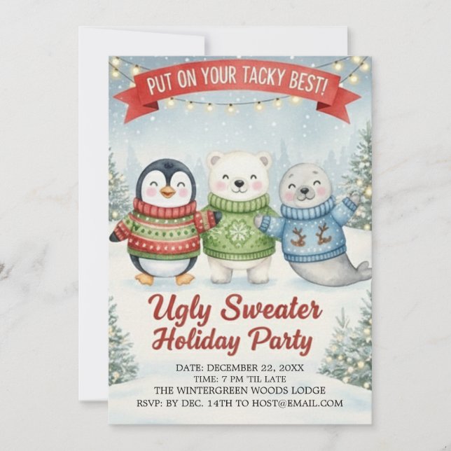 Invitation Cute Ugly Sweater Holiday Party Penguin Polar Bear (Devant)