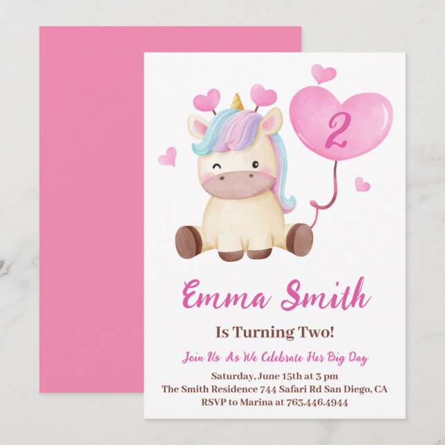 Invitation Cute Unicorn Aquarelle fête d'anniversaire (Devant / Derrière)