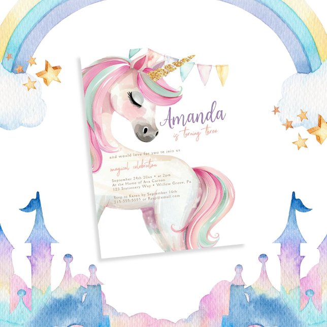Invitation Cute Unicorn Aquarelle Parties scintillant Anniver (Créateur téléchargé)