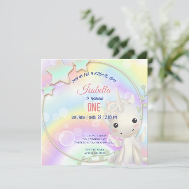 Invitation Cute Unicorn Arc-en-ciel Anniversaire (Debout devant)