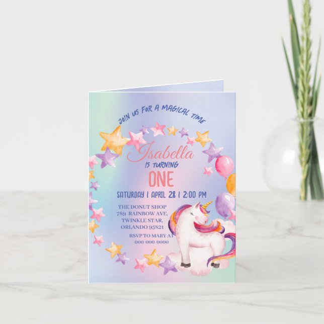 Invitation Cute Unicorn Arc-en-ciel Anniversaire (Devant)