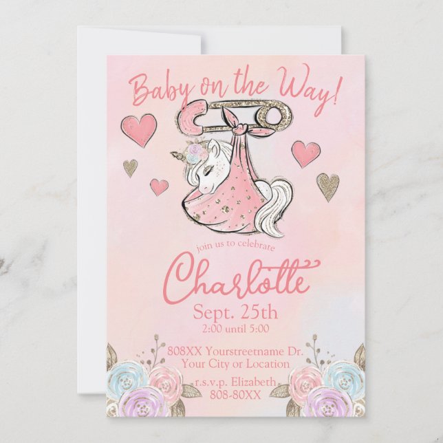 Invitation Cute Unicorn Baby Girl (Devant)