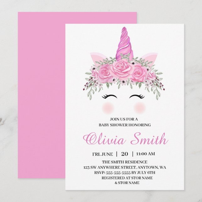 Invitation Cute Unicorn Baby shower fille avec nom rose (Devant / Derrière)