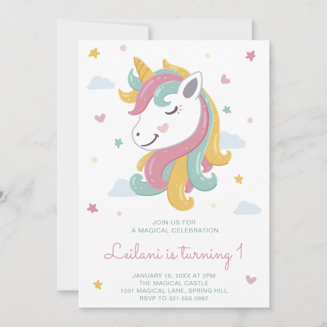 Invitation Cute Unicorn fille premier anniversaire (Devant)