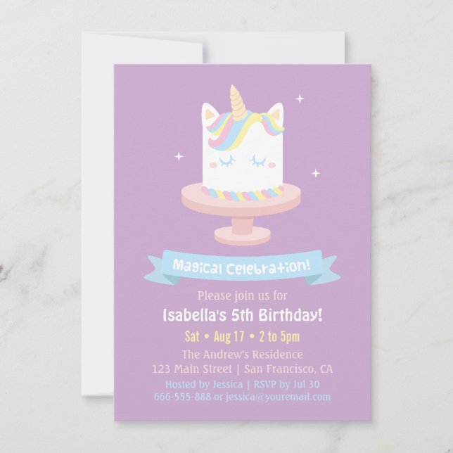 Invitation Cute Unicorn Filles de gâteau Anniversaire Invitat (Devant)