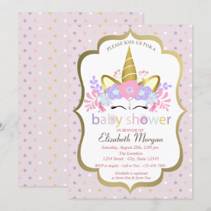 Invitation Cute Unicorn, Floral, Étoiles Baby shower Invitati