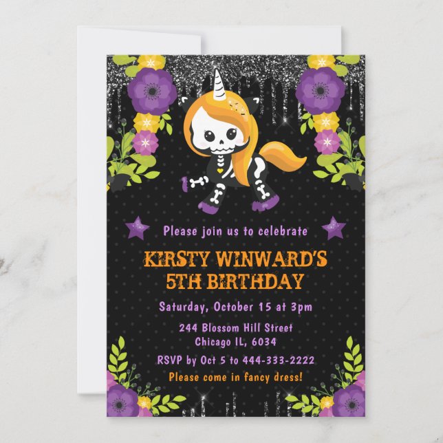 Invitation Cute Unicorn Floral Halloween Anniversaire (Devant)