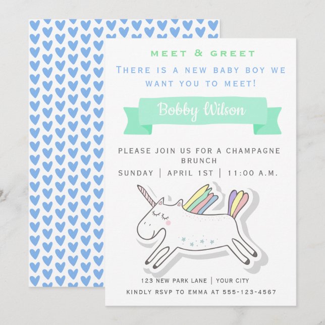 Invitation Cute Unicorn | Meet & Greet New Baby (Devant / Derrière)