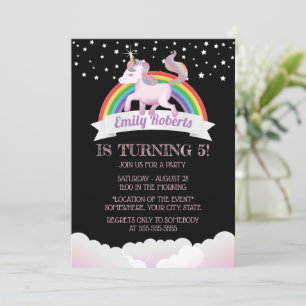 Invitation Cute Unicorn & Rainbow Black Anniversaire
