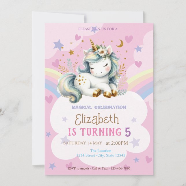 Invitation Cute Unicorn Rainbow Stars Coeurs Anniversaire (Devant)