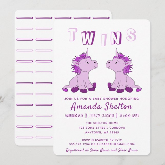 Invitation Cute Unicorn rose Twins Baby shower filles (Devant / Derrière)