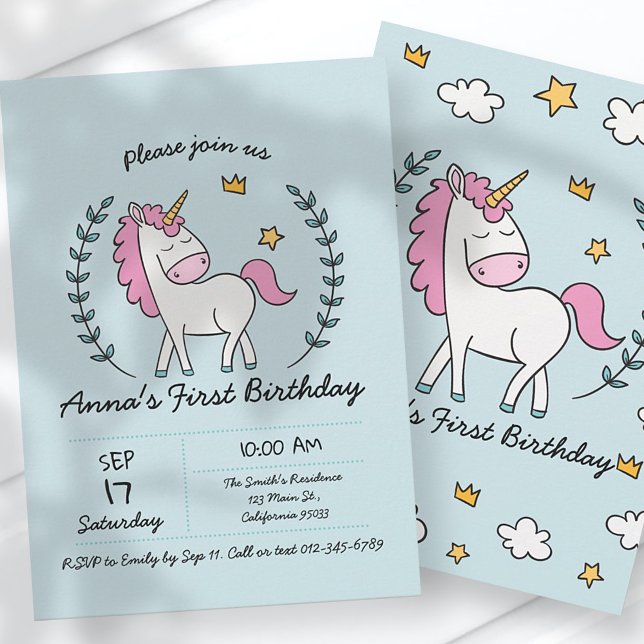 Invitation Cute Unicorn sur Laurels. Anniversaire (Créateur téléchargé)