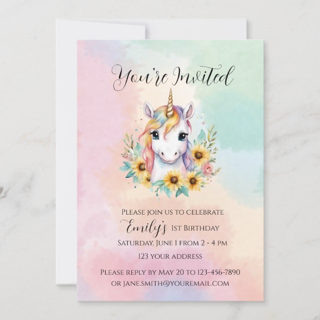 Invitation Cute Unicorn Tournesol Simple 1er anniversaire (Devant)