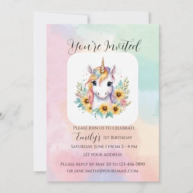 Invitation Cute Unicorn Tournesol Simple 1er anniversaire (Devant)