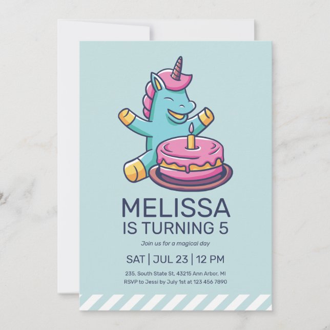 Invitation Cute Unicorn Turner Un Gâteau Anniversaire (Devant)