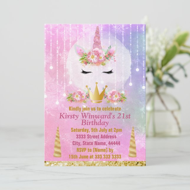 Invitation Cute Unicorn Visage rose Fleurs Anniversaire (Debout devant)
