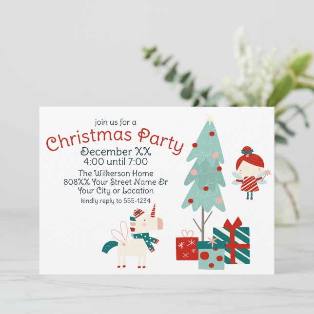 Invitation Cute Unicorne et fête de Noël des fées (Debout devant)