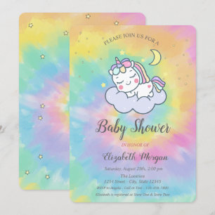 Invitation Cute Unicorne, Nuage, Etoiles Tie Dye Baby shower