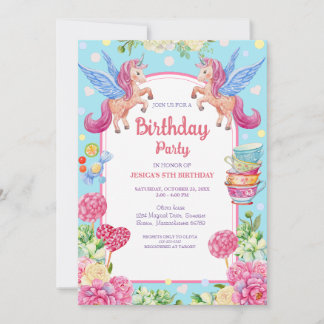 Invitation Cute Unicorns Fleurs Aquarelle Anniversaire Invita