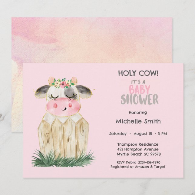 Invitation Cute Vache Floral Rose Or (Devant / Derrière)
