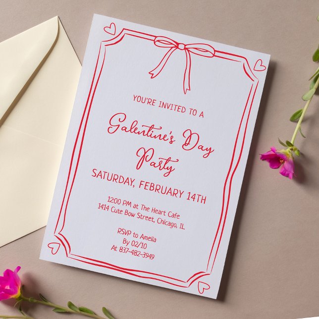 Invitation Cute Valentine's Day Party Fille Red Bow Coeurs (Créateur téléchargé)