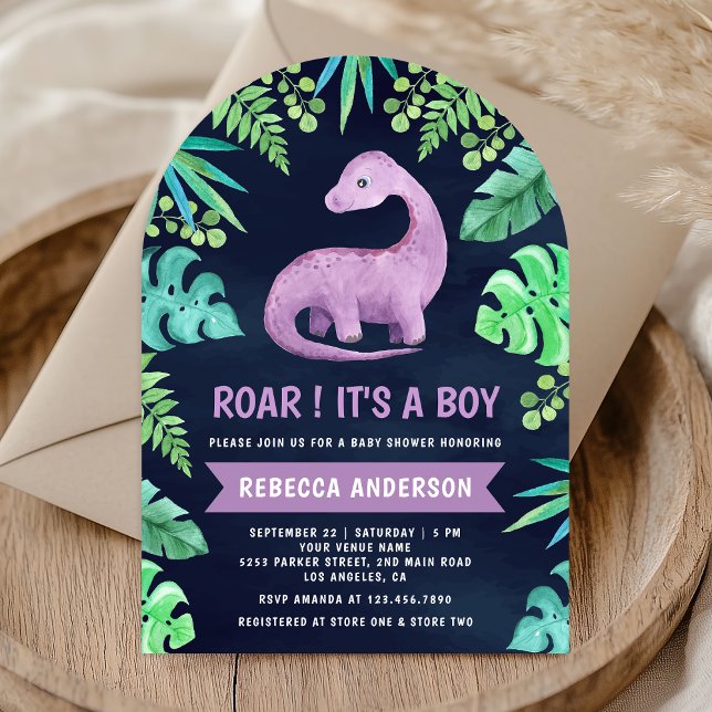 Invitation Cute violet Dinosaur Arc Baby shower bleu marine (Créateur téléchargé)