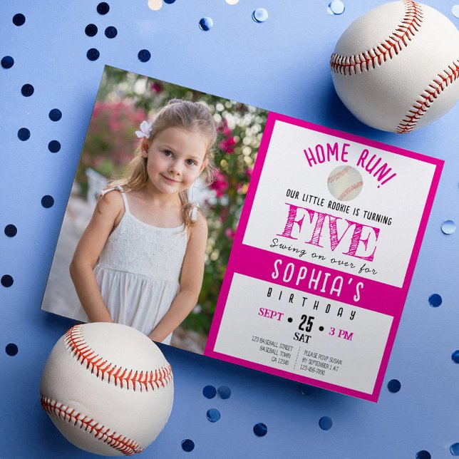 Invitation Cute Watercolor Baseball Photo Girl Anniversaire (Créateur téléchargé)