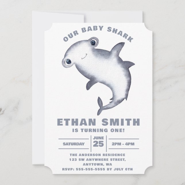 Invitation Cute Watercolor Hammerhead Requin Anniversaire (Devant)