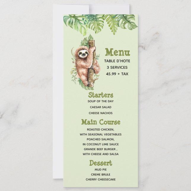 Invitation Cute Watercolor Sloth & Tropical Feuilles Menu (Devant)